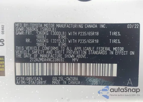 2022 Lexus Rx 350 z USA, uszkodzony, nr VIN 2T2AZMDA4NC338692